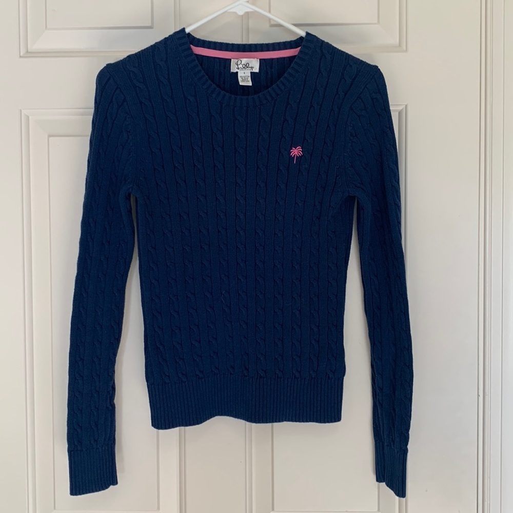Lilly Pulitzer Navy Cable Knit Crewneck Sweater with Pink Palm Logo